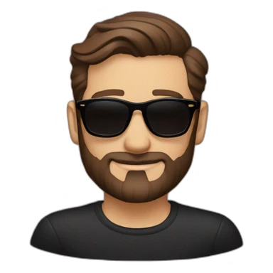 Short brown hair slicked back, brown Persol sunglasses, 3-day beard, black t-shirt. sticker