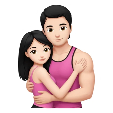 a pretty bratz fair girl. black hair, wearing a pink cami top, she is hugging a handsome fair guy with black hair. lean but muscular.the boy is wearing a black tshirt sticker