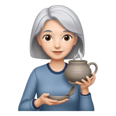 Woman with grey hair with ceramics sticker