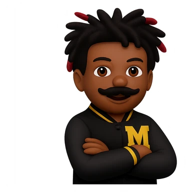 Add a mustache to the male African American emoji wearing a letterman jacket with an M on it, arms crossed and smiling. Keep the background transparent. Maintain the original style and details of the emoji. sticker