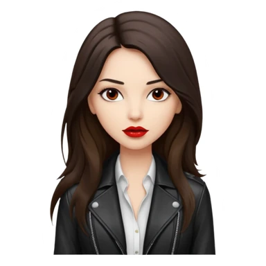 brunette with very long hair in black cuir jacket with red lips and very dark brown eyes and white shirt sticker