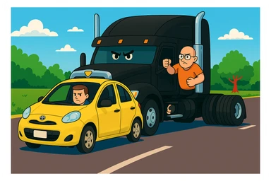Make the driver of the black semi truck look angry, bald, wearing an orange shirt and glasses, with their arm out the window. Keep the scene bright and vibrant, with a person in the car in front. sticker