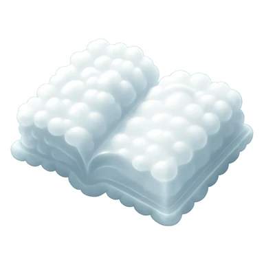 top view of a thick open book made entirely of small, very bright white fluffy convex clouds, matte glass style, emphasis on volume and airiness, no background sticker