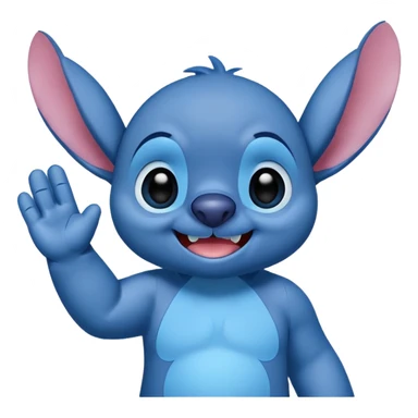 Stitch from Lilo & Stitch, mischievous grin, waving hand, blue color sticker