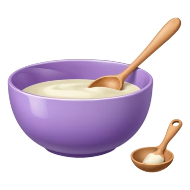 a lilac ceramic mixing bowl with a wooden spoon stirring sticker