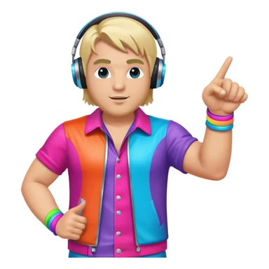 blond big man in colorful dj outfit pointing left sticker