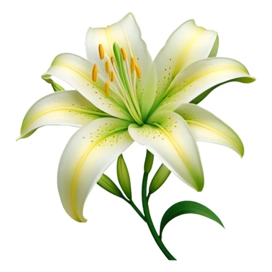 Cinematic Realistic Lily Emoji, Elegant and fragrant, with soft, white petals curling delicately around a golden-yellow stamen at its center. The long, slender green stem stands tall, supporting the vibrant bloom with its slightly curled tips. Soft glowing outline, capturing the essence of purity, elegance, and grace in a striking lily. sticker