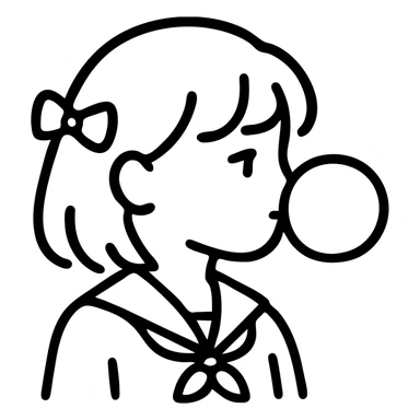 anime style school girl blowing a big bubble with bubblegum sticker