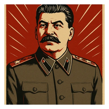 stern portrait of Stalin in a classic Soviet propaganda poster style sticker