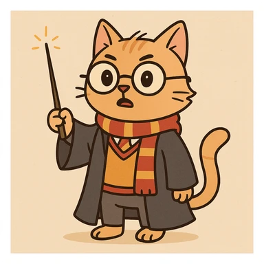 a cat as Harry Potter wearing wizard robes and holding a wand, cartoon style sticker