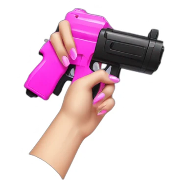 hand with pink nails holding large scary black water gun sticker