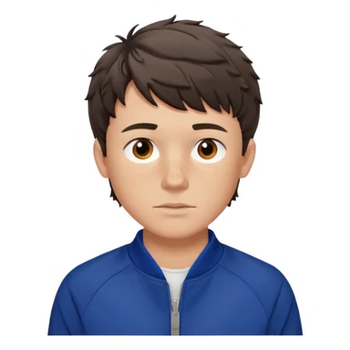 Owen Cooper in dark brown short and choppy fringe short wavy hair with brown eyes, freckles on his cheeks, wearing deep blue sports jacket without logos and white shirt sticker