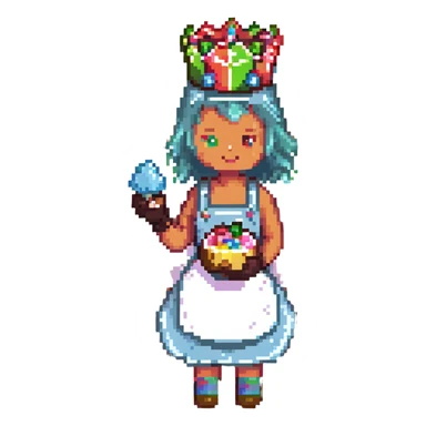 A playful baker in a pastel-pink candy lab. Walls of bubblegum bricks, frosting-covered counters, and a cupcake-shaped oven. The baker wears a gummy bear-studded apron, marshmallow gloves, and a rock candy crown. UI elements look like melting lollipops, candy cane sliders, and syrupy transitions. sticker