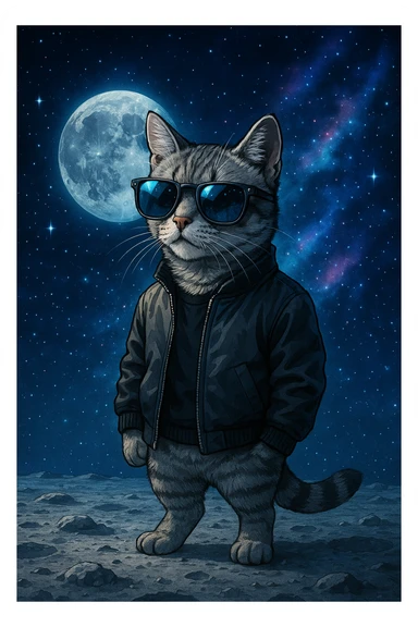 cool cat wearing sunglasses, standing on the moon, futuristic vibe, space background sticker