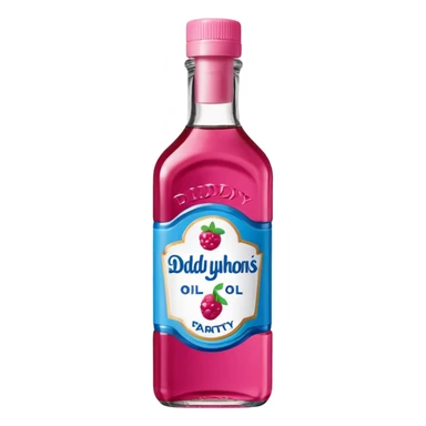 bottle of oil blue top pink outside with logo that says Diddy Party oil Johnson and Johnson  brand with a smiling berry on top sticker
