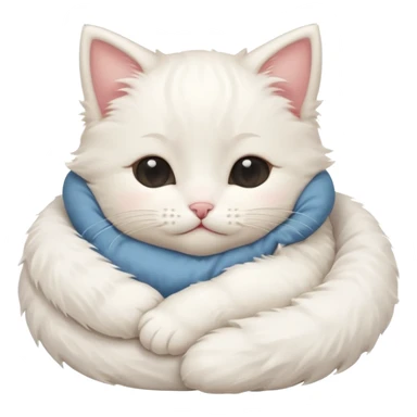 cute white fluffy kitten, blushing, hugging a pillow, eyes closed like > < sticker