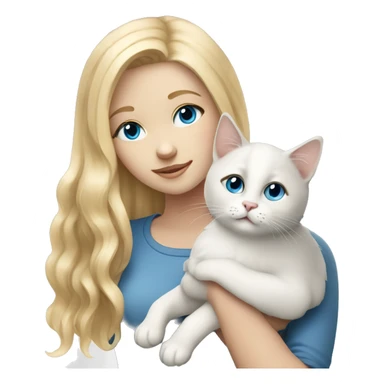blonde girl with blue eyes holding a white and gray cat sticker