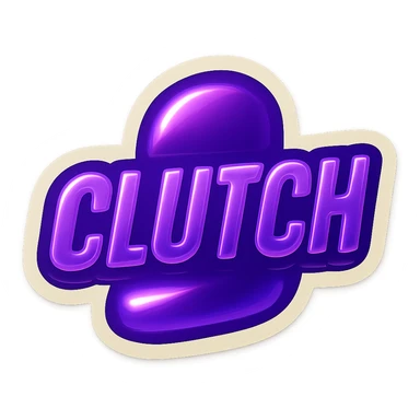 A gamer slang emote with the text 'clutch', neon purple theme, compact and expressive sticker