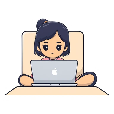 Asian girl with black hair sitting and watching a MacBook laptop sticker