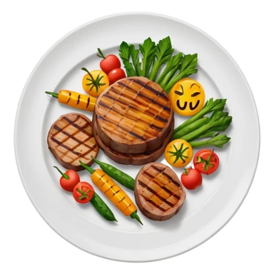 minimalist iOS style Apple emoji of a plate of grilled meat and vegetables sticker