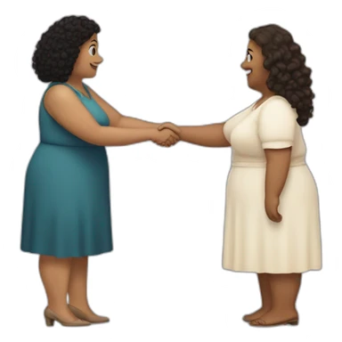 tan chubby woman with black curly hair shakes hands with a chubby pale woman who has straight light brown hair sticker
