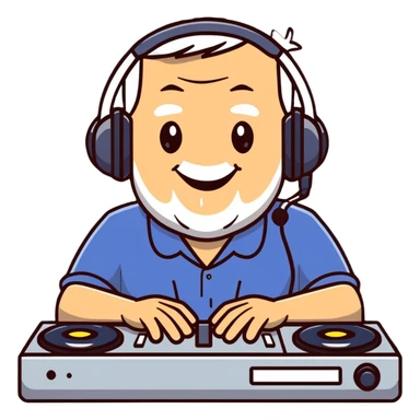 senior Caucasian male, smiling, using an audio console sticker