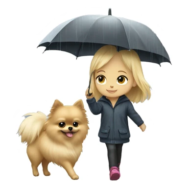 Blonde girl walking tiny pomeranian under the rain sticker