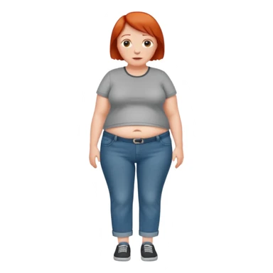 Lazy old Short woman with straight short red hair and fat tummy..wears jeams and full tahirt sticker