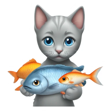 blue eyes grey kitten and fish are friends  sticker