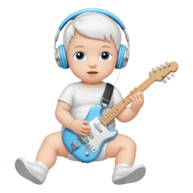 a cute baby in a white diaper and air pod max silver headphones playing a baby blue electric guitar sticker