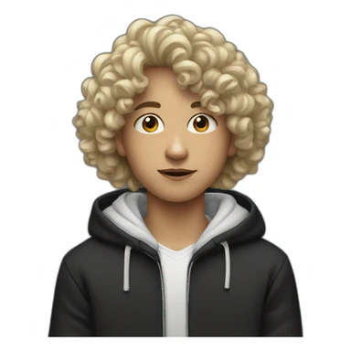 A white teenager with curly hai and big nose with black hoodie sticker