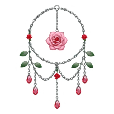 Rose-pink-metal-chained rose-quartz-crystallic romantic delicate fine pretty suncatcher  with tiny red roses, silvery vines, tiny quartz crystals sticker