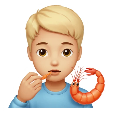Emoji-style person tasting a weird-looking shrimp, curious expression, cute rounded face, soft shading sticker
