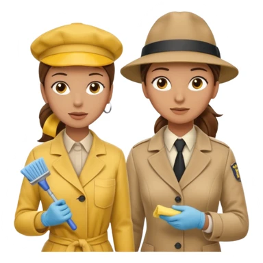 A cleaning Lady with Brown hair, high ponytail and yellow cleaning gloths is Talking to a Detektive (a man) with beige hat, a beige coat and he is interviewing the cleaning Lady sticker
