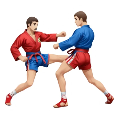 Two Sambo fighters in blue and red kimonos, with shorts and wrestling shoes, performing grappling and throwing techniques. The background shows a wrestling mat and an intense, focused atmosphere. Transparent background highlights the fluidity and skill of the sport without strikes. sticker