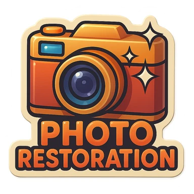 logo for photo restoration with vintage camera and sparkles, retro style sticker
