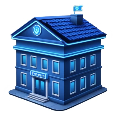 A building in the night with a blue logo on the roof sticker