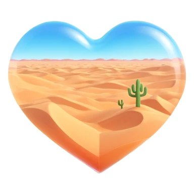 glass heart emoji with transparent effect, inside are desert sand dunes, no plants, realistic glass sticker