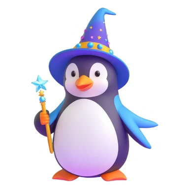 3D emoji-style penguin wizard with a shiny hat and magical sparkles sticker