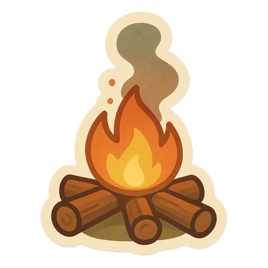 animated campfire crackling softly with rising smoke, retro vintage style, cozy acoustic aesthetic, warm muted colors, subtle grain, soft lines, 112x112px, smooth loop, nostalgic analog mood sticker