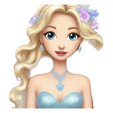 Gorgeous pastel Lady with blue eyes in a sparkly shiny dress with tiara and necklace and flowers behind her and trending  sticker