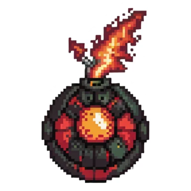 Red digital bomb with flame-shaped fuse at the top, round black bomb body with red accents, pixel art style sticker