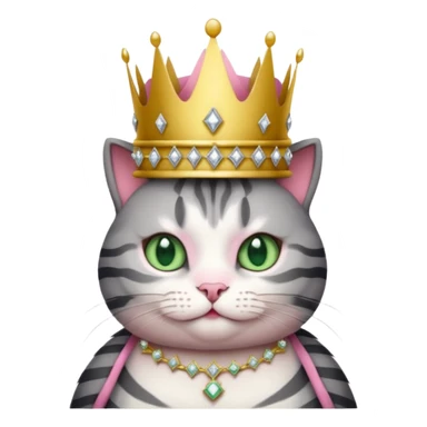 Gatito gris oscura con rayas negras ojos verdes vestida de reina con coronas y diamantes, más peluda y gordita  sticker