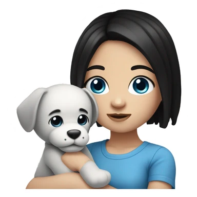 white Girl with black hair and blue eyes playing with plushy sticker