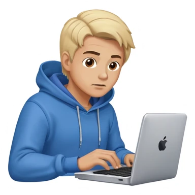 Typing fast ,making this expression 🫨,Blond man with brown eyes blue hoodie,coding, smoke coming from computer, cartoon style sticker