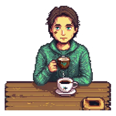 tired programmer with dark circles under his eyes drinking coffee, pixel art style sticker