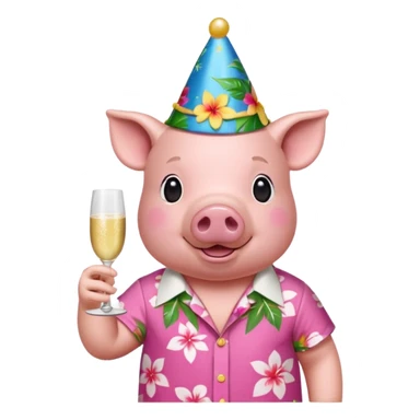 Pig with aloha shirt, birthday hat, champagne glass sticker