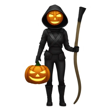 Human female pumpkin hunter with a scythe, glowing pumpkin eyes inside a black helmet, Halloween theme, emoji" sticker
