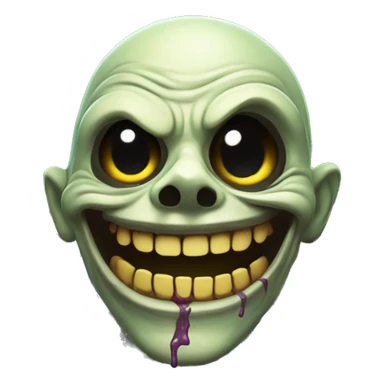 Create an image of a beaming zombie with a wide grin, holding a bright yellow smiley face emoji in its hands, surrounded by colorful flowers in a graveyard.
 sticker