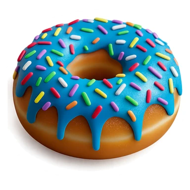 Add colorful rainbow sprinkles to the blue glazed donut, keep it realistic with soft lighting, transparent background. Maintain a photorealistic style with soft lighting and natural textures. sticker